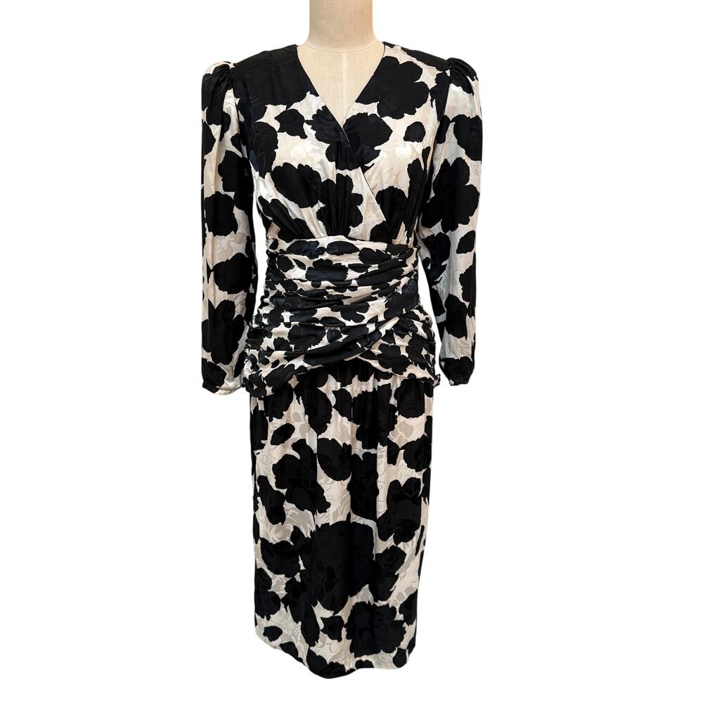 Vintage 80s Flora Kung Dress Silk jacquard Floral Print Retro Glam Puff Shoulder